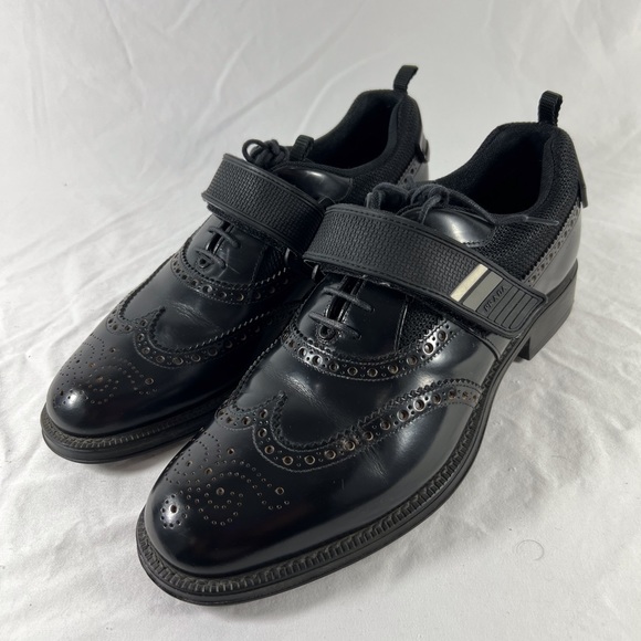 PRADA Black Leather Hook & Loop Men's Wingtin Brogues Oxfords Italy 7UK 8US - Picture 3 of 17